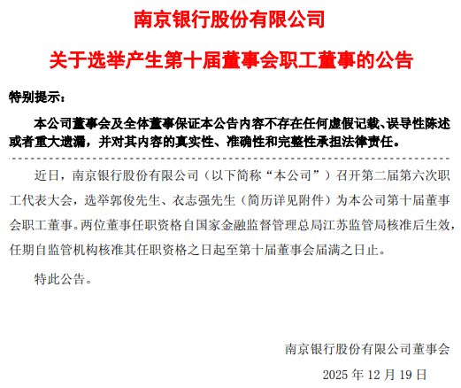 南京银行：选举郭俊、衣志强为第十届董事会职